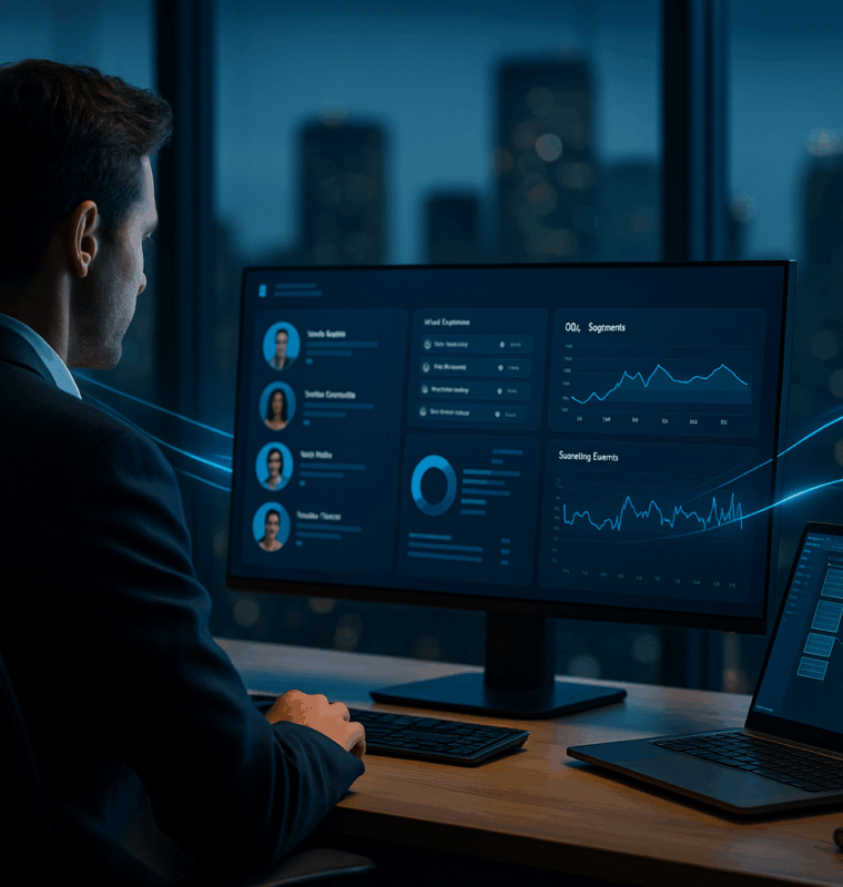 Professional at a desk reviews a Salesforce Data Cloud dashboard showing a unified customer profile, real-time segments, and activity charts on a monitor while a laptop displays connected data sources; subtle blue data glow against a city skyline.