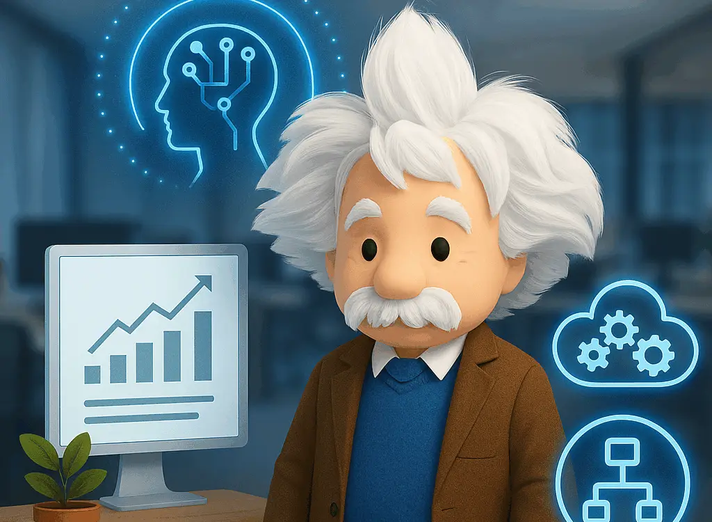 3D illustration of Salesforce’s Einstein mascot standing in a modern office with glowing AI icons and analytics charts representing RevOps automation.