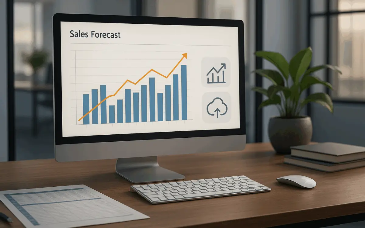 A modern office desk with a computer showing a sales dashboard, blue bar graphs, and an orange trend line, symbolizing forecasting and analytics.