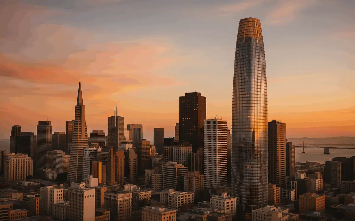 San Francisco skyline at sunset featuring Salesforce Tower and the Transamerica Pyramid.