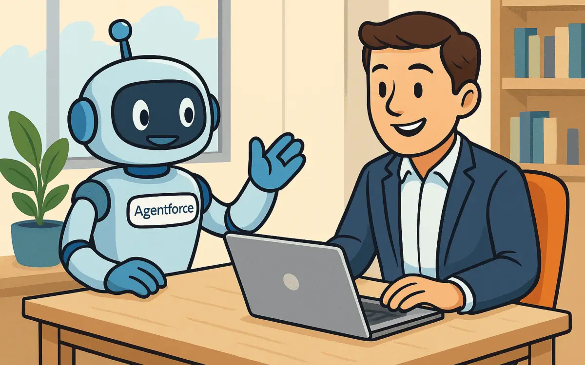 A colorful cartoon illustration showing a business professional collaborating with a friendly Salesforce Agentforce robot at a modern office desk.