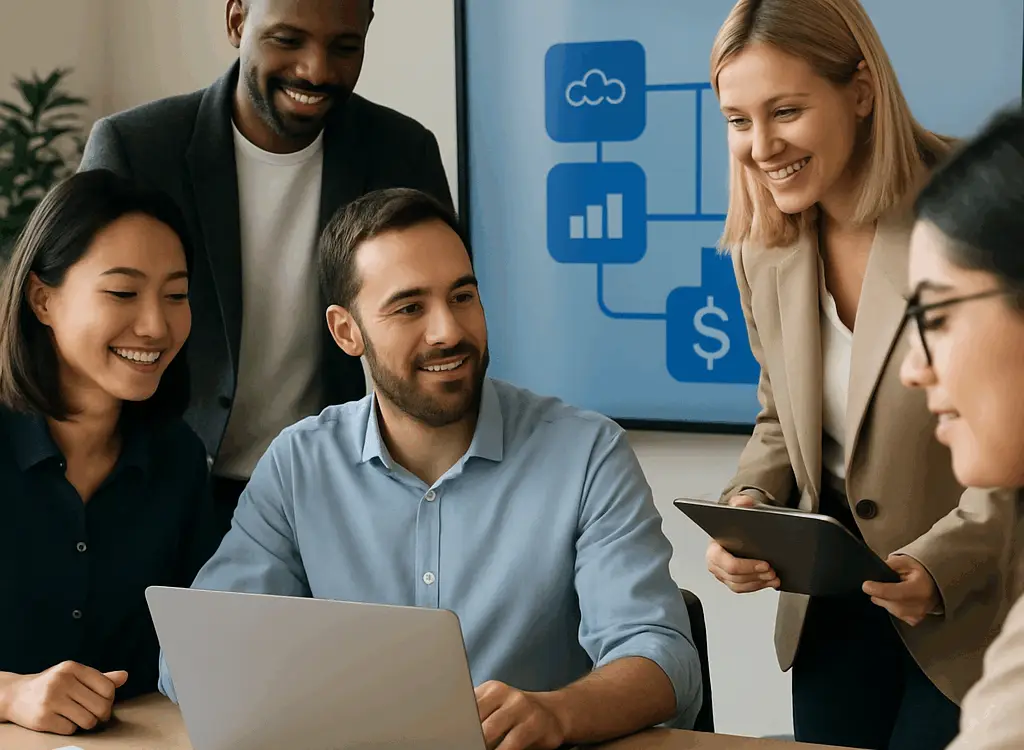 Diverse group of professionals collaborating around a laptop in an office, with a screen showing connected data icons in the background.