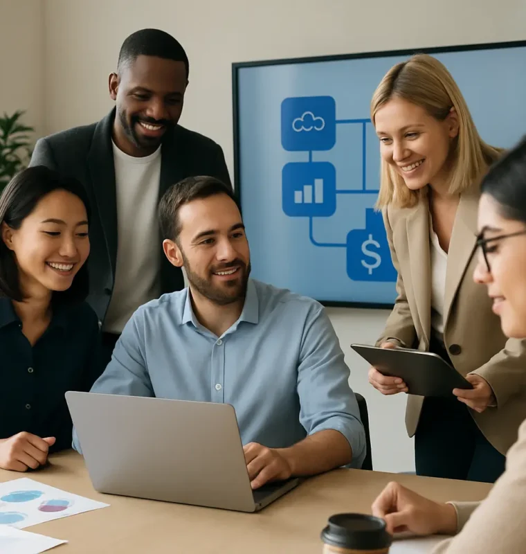 Diverse group of professionals collaborating around a laptop in an office, with a screen showing connected data icons in the background.
