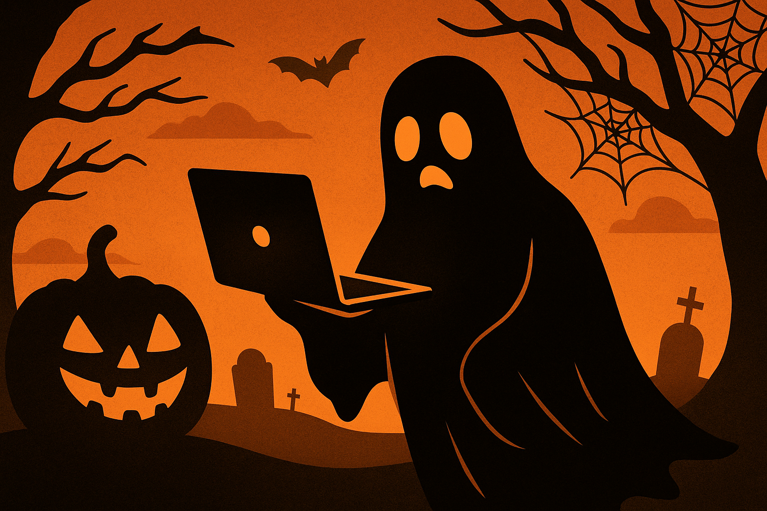 A ghost using a laptop in a Halloween graveyard with a glowing orange background, spider webs, bats, and a jack-o’-lantern.