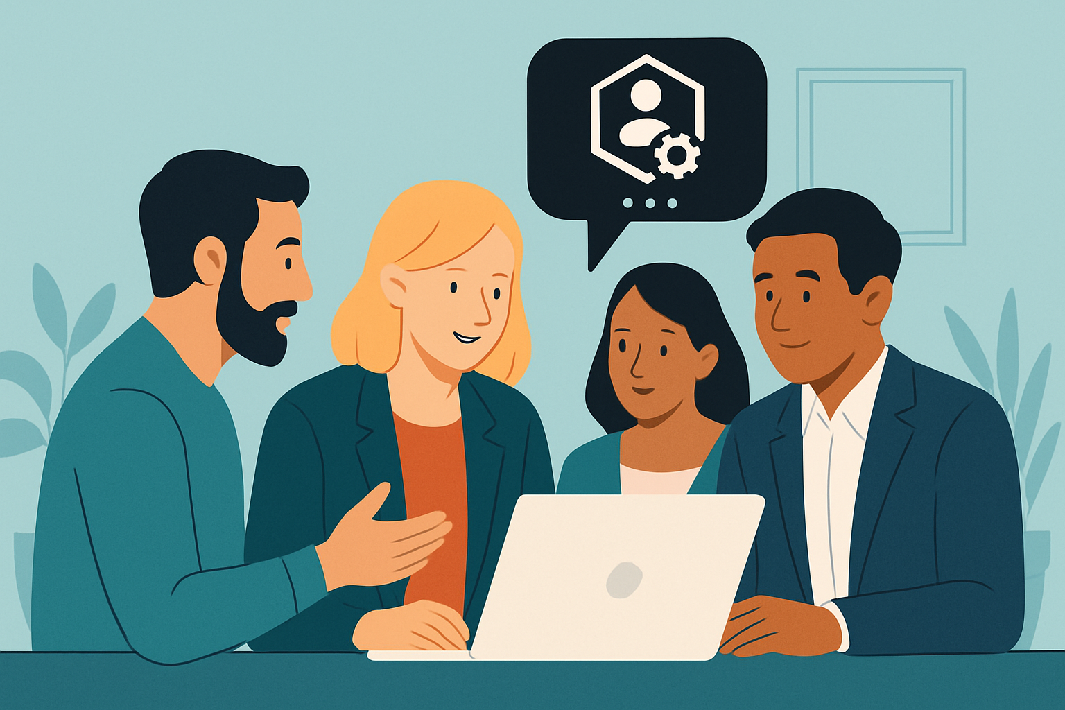 A diverse team collaborating around a laptop, with a digital icon representing AI above them in a modern office.