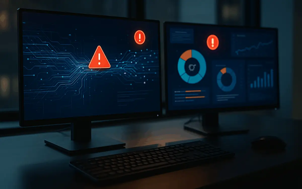 Modern desk with dual monitors showing abstract Salesforce Data Cloud visuals—unified profiles, identity matching links, audience segments, and activation/observability charts—no on-screen words.