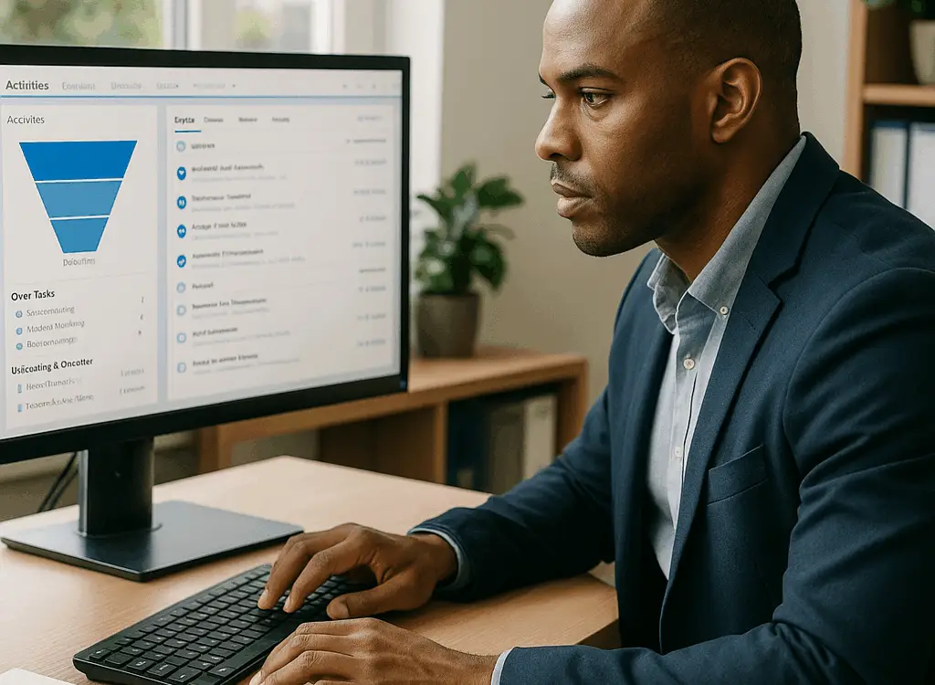 Business professional in a modern office reviewing CRM activities and tasks on a computer screen