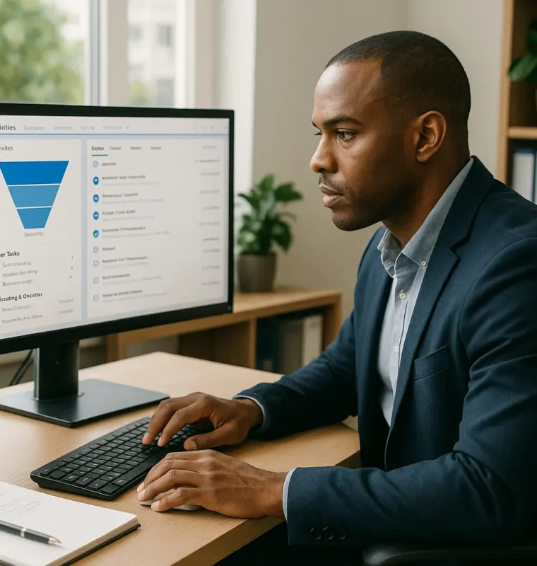 Focused revenue operations professional managing activities in Salesforce Business professional in a modern office reviewing CRM activities and tasks on a computer screen