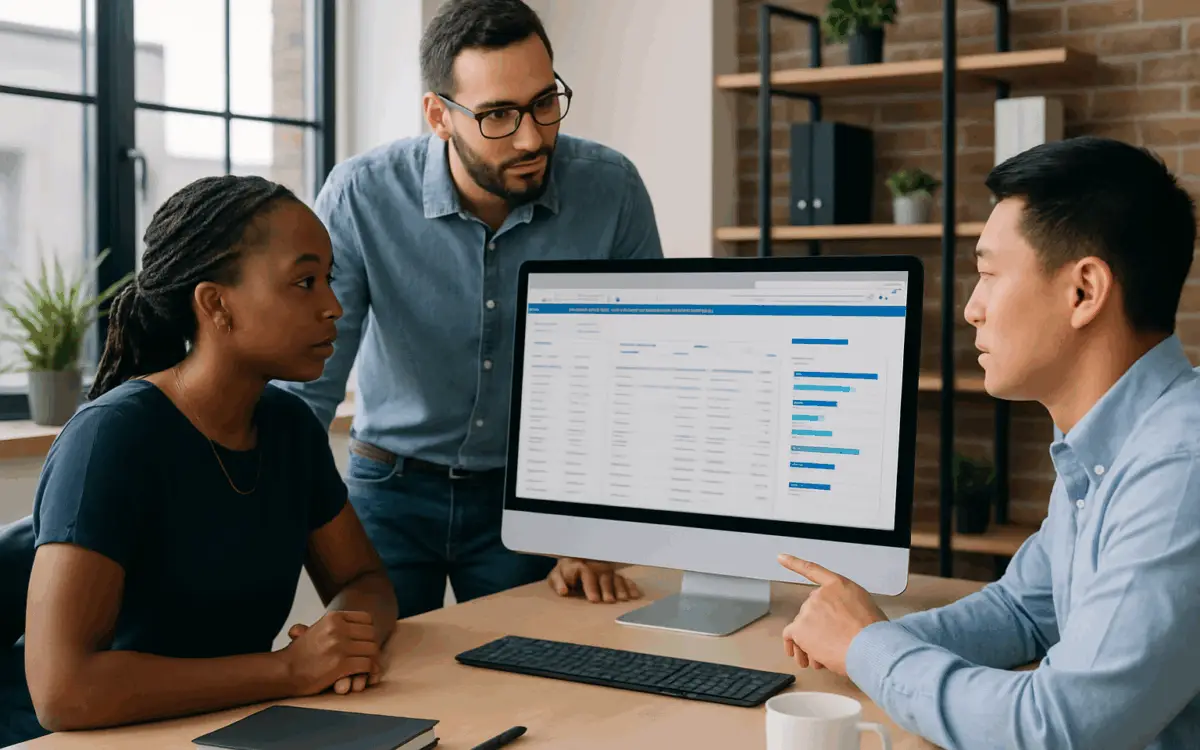 Three business professionals collaborating in a modern office while reviewing a CRM dashboard on a large computer screen