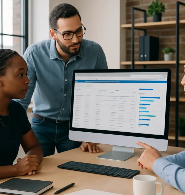 ChatGPT Image Nov 10, 2025, 10_32_30 PM Three business professionals collaborating in a modern office while reviewing a CRM dashboard on a large computer screen