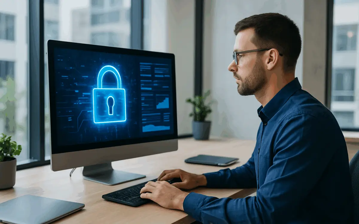 A cybersecurity professional working at a desk in a modern office, monitoring a glowing digital lock icon and security analytics on a computer screen.