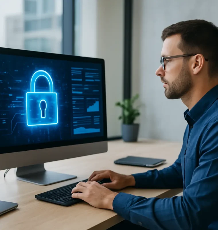A cybersecurity professional working at a desk in a modern office, monitoring a glowing digital lock icon and security analytics on a computer screen.