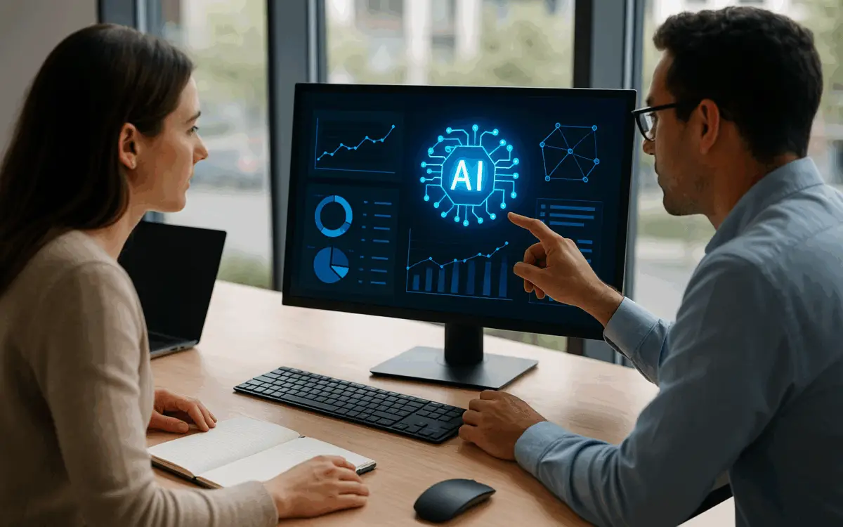Two revenue operations professionals collaborating at a desk while reviewing AI-powered dashboards and workflow data on a computer screen.
