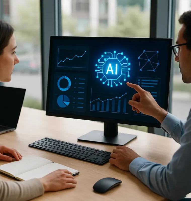Two revenue operations professionals collaborating at a desk while reviewing AI-powered dashboards and workflow data on a computer screen.