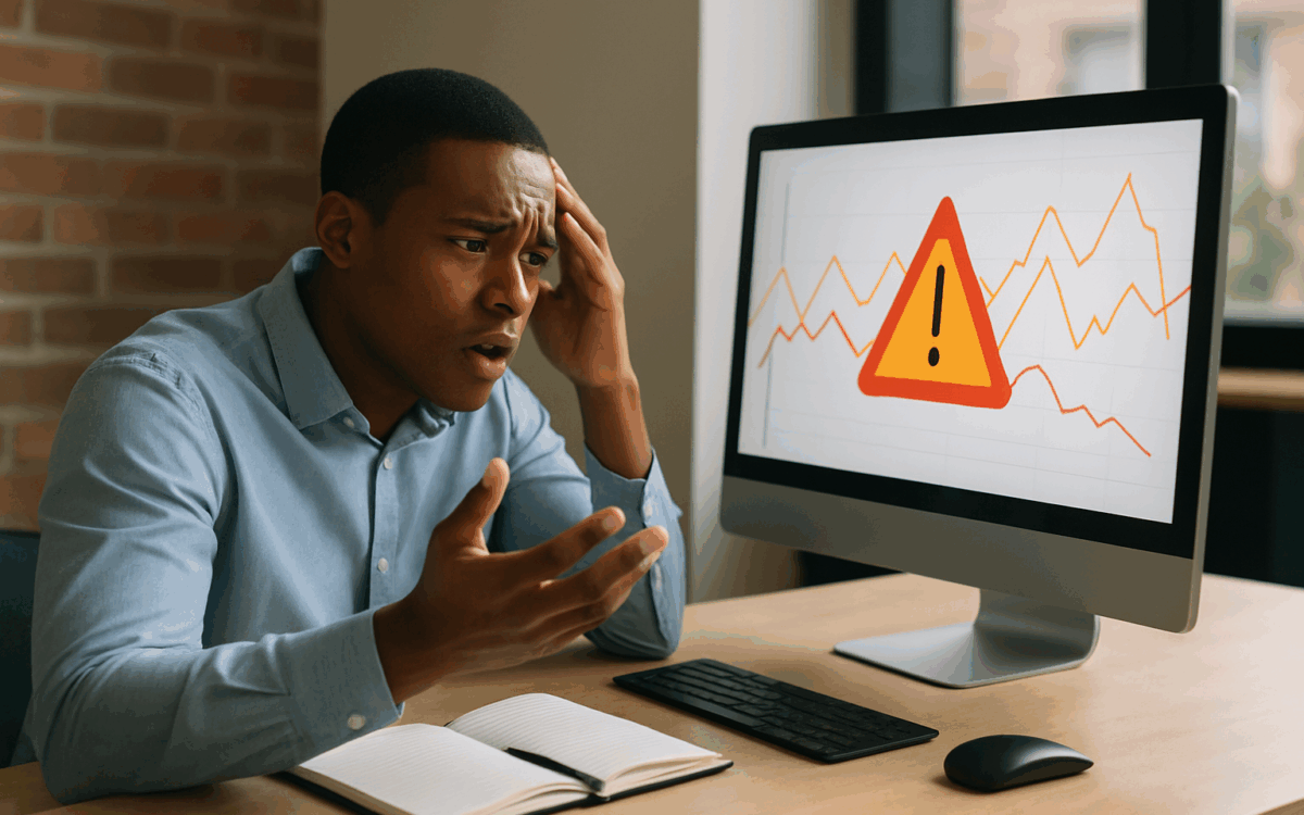 A young professional sitting at a desk, looking stressed while reviewing an alert symbol on a computer screen, representing mistakes in Salesforce setup or data.