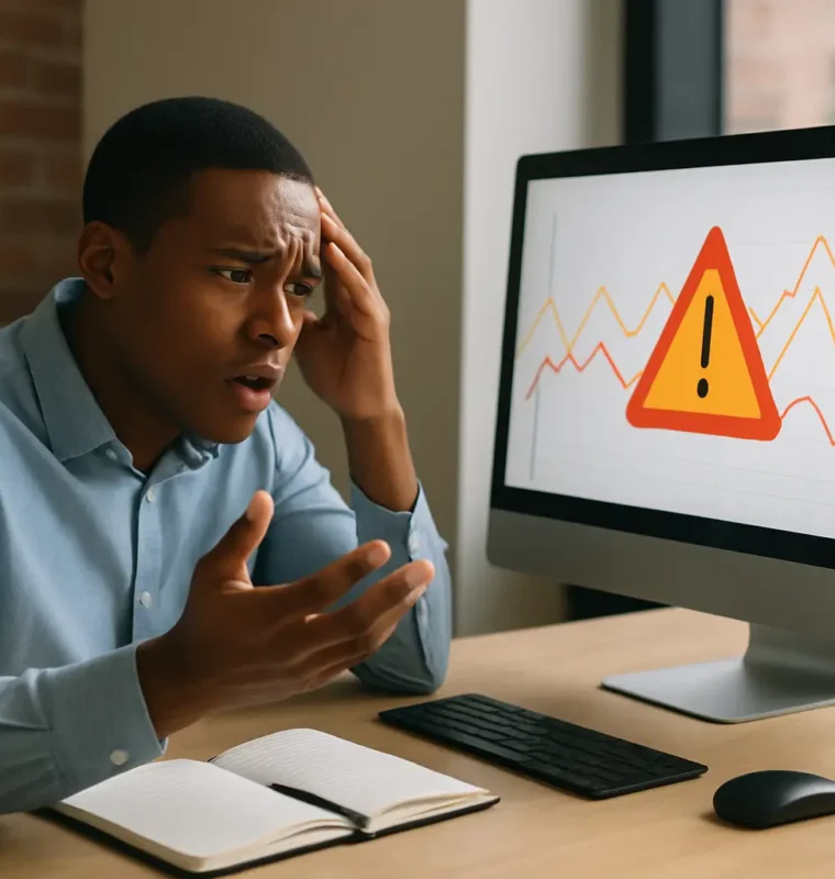 A young professional sitting at a desk, looking stressed while reviewing an alert symbol on a computer screen, representing mistakes in Salesforce setup or data.
