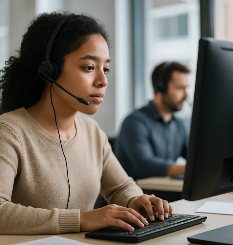 Customer service agent collaborating with AI assistant in modern office A customer service professional in a modern office interacting with an AI assistant displayed as a digital hologram on a computer screen.