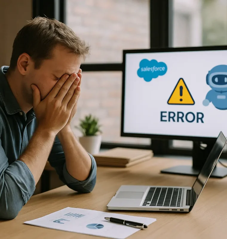 Team collaborating on Salesforce Agentforce deployment strategy A group of business professionals in a modern office working together on laptops and reviewing AI-powered Salesforce dashboards during an Agentforce deployment meeting.