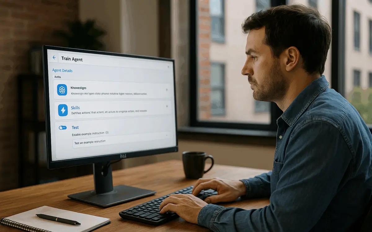 A group of business professionals collaborating in a modern office, analyzing data and AI dashboards on computer screens while fine-tuning Salesforce Agentforce for company use.