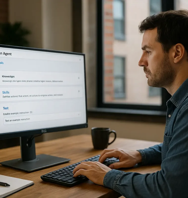 Team fine-tuning Salesforce Agentforce for business optimization A group of business professionals collaborating in a modern office, analyzing data and AI dashboards on computer screens while fine-tuning Salesforce Agentforce for company use.