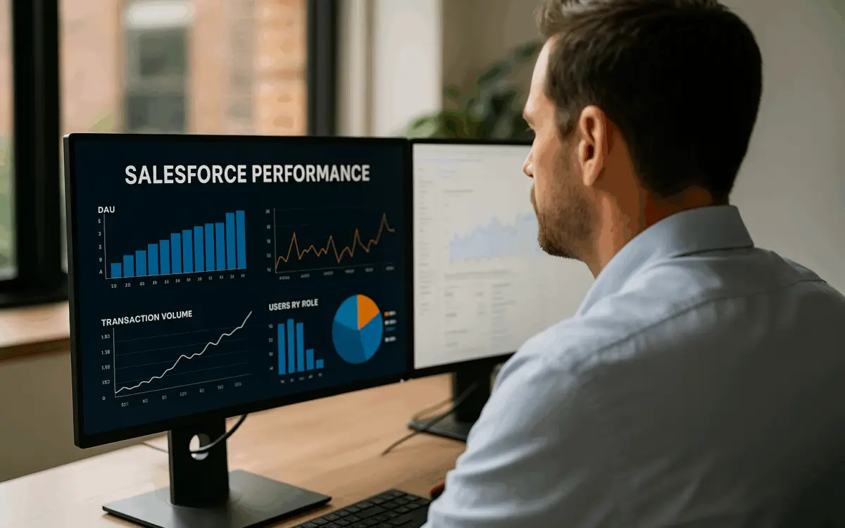 A team of professionals in a modern office reviewing Salesforce performance dashboards on computer screens, collaborating to optimize system speed and scalability.