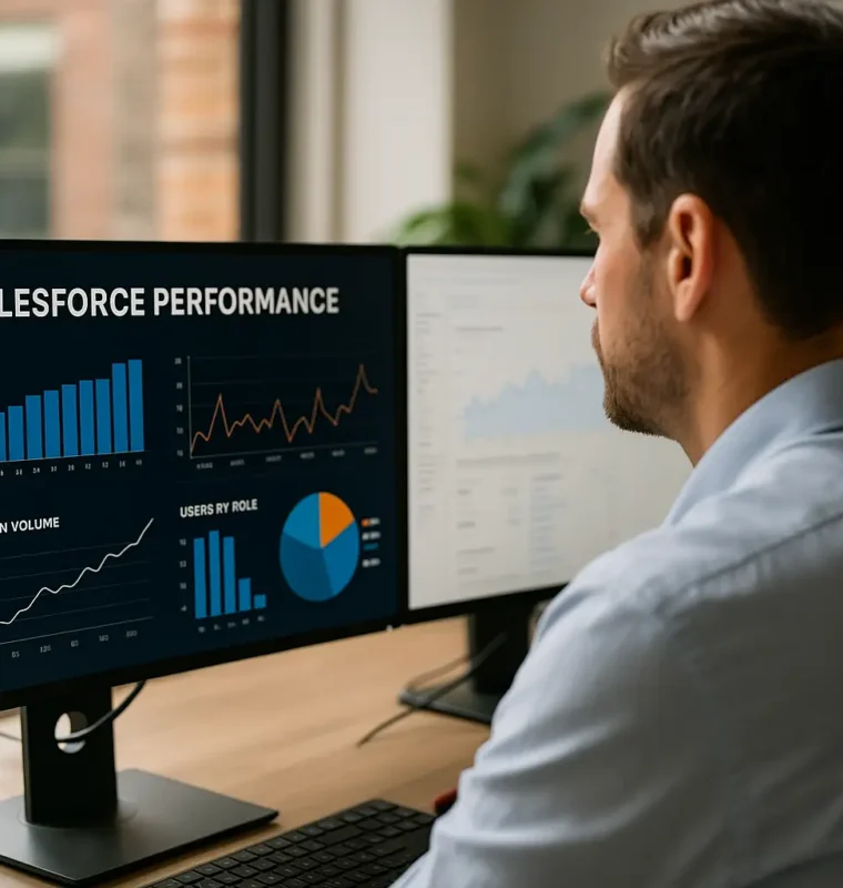RevOps team analyzing Salesforce performance metrics A team of professionals in a modern office reviewing Salesforce performance dashboards on computer screens, collaborating to optimize system speed and scalability.