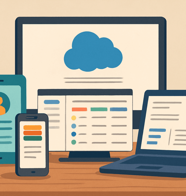 Connected CRM Across Devices Illustration of multiple digital devices displaying customer relationship management dashboards, including charts, contacts, and cloud data.