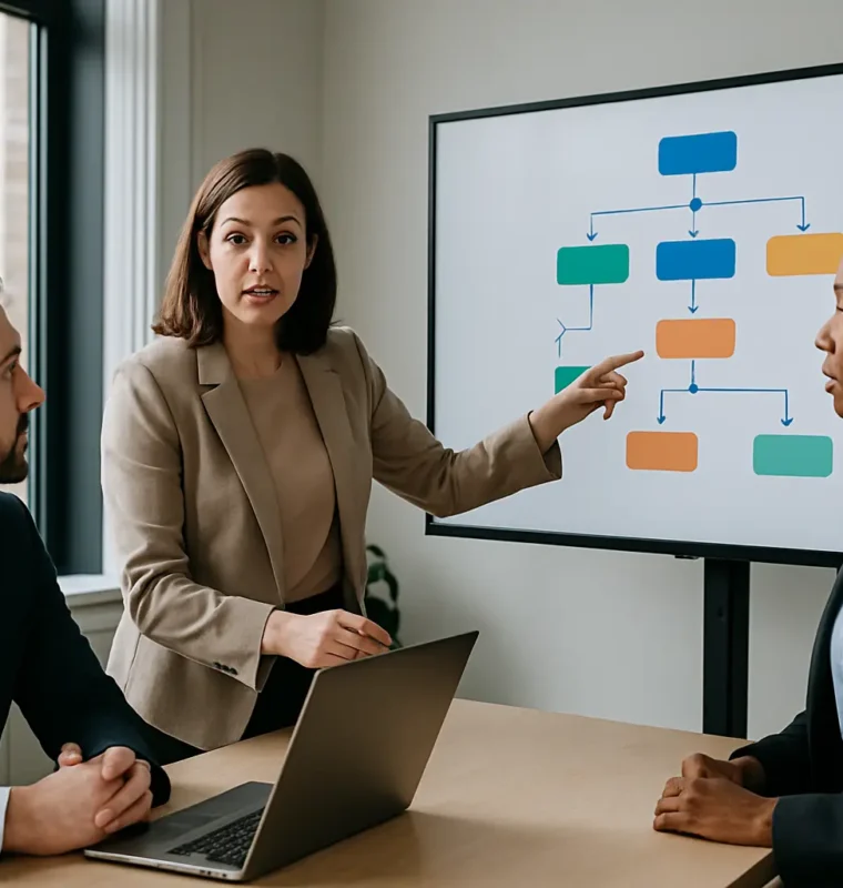 RevOps team mapping Agentforce and Salesforce workflow automation Three business professionals in a modern office collaborating around a table while a woman in a beige blazer points to a colorful flowchart on a large screen, representing integrated Salesforce workflows
