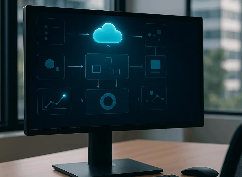 A modern office desk with a widescreen monitor displaying a cloud-based analytics workflow and data visualizations.