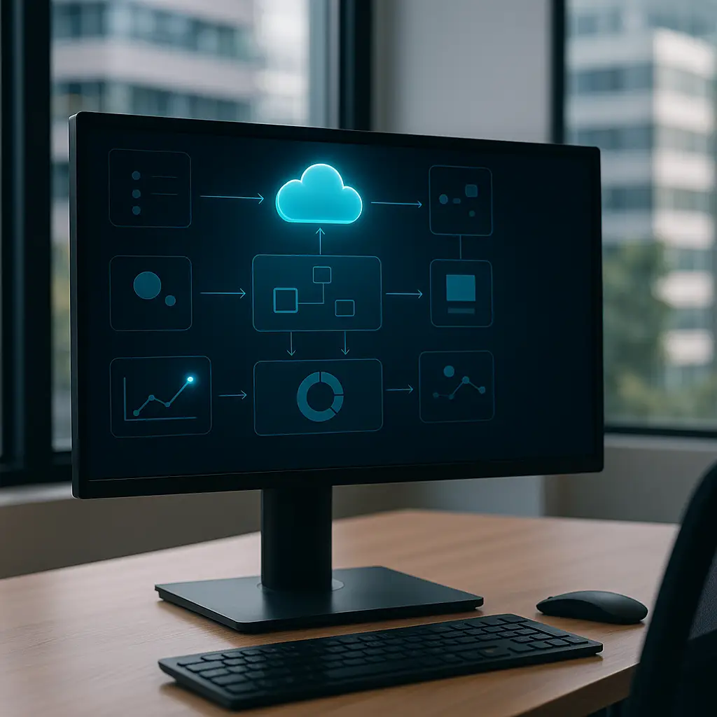 A modern office desk with a widescreen monitor displaying a cloud-based analytics workflow and data visualizations.