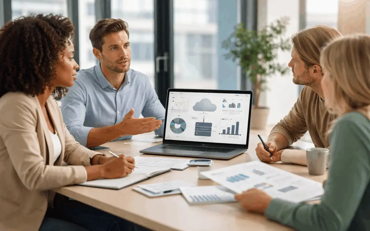 A group of professionals in a modern office discussing budget planning while reviewing analytics on a laptop.