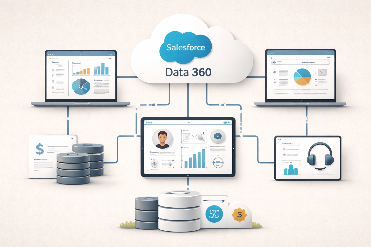 A visual representation of connected cloud systems linking customer data, analytics, billing, and support platforms through a central data hub.