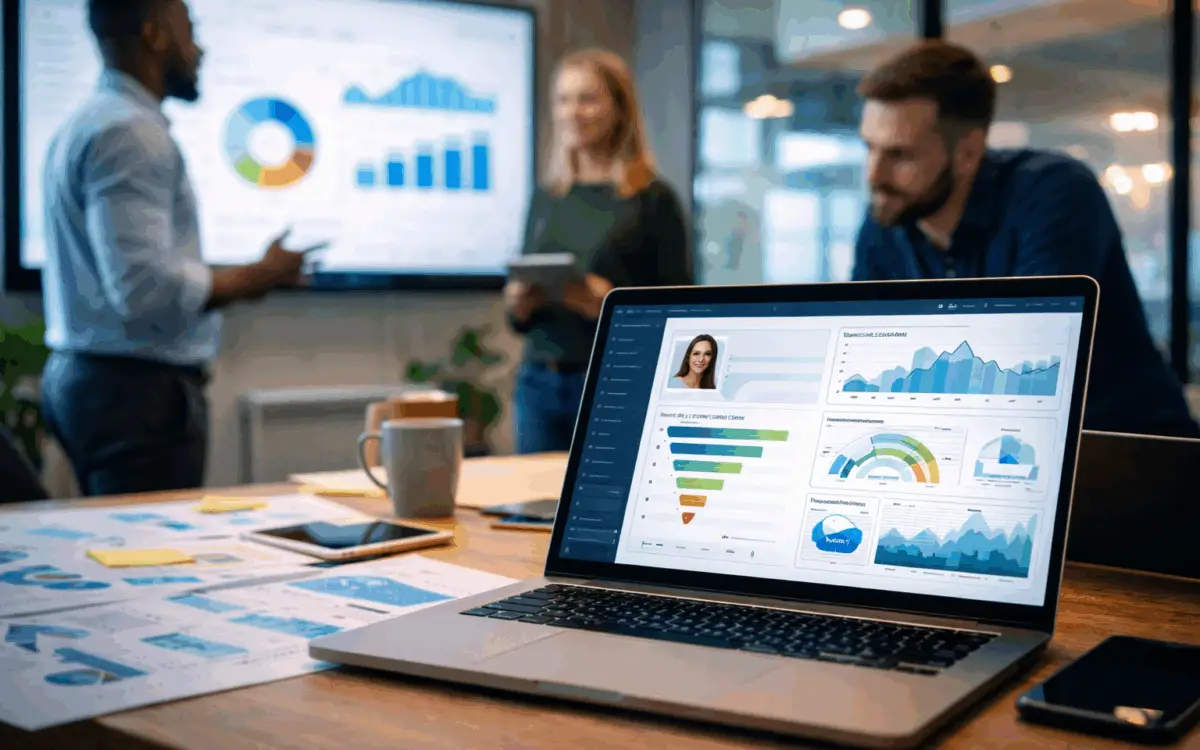 Revenue operations professionals reviewing customer data insights on a laptop in a modern office setting