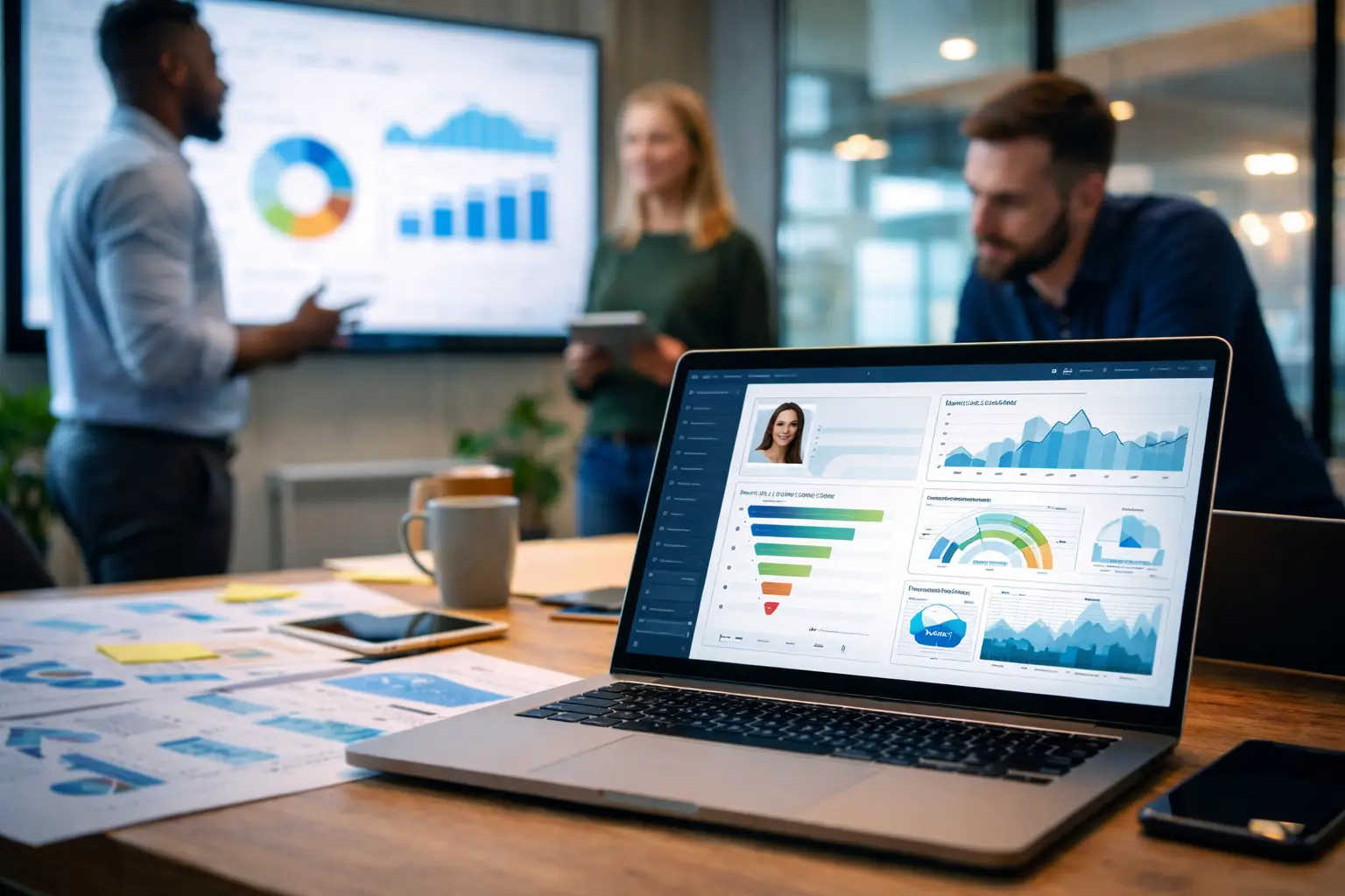 Revenue operations professionals reviewing customer data insights on a laptop in a modern office setting
