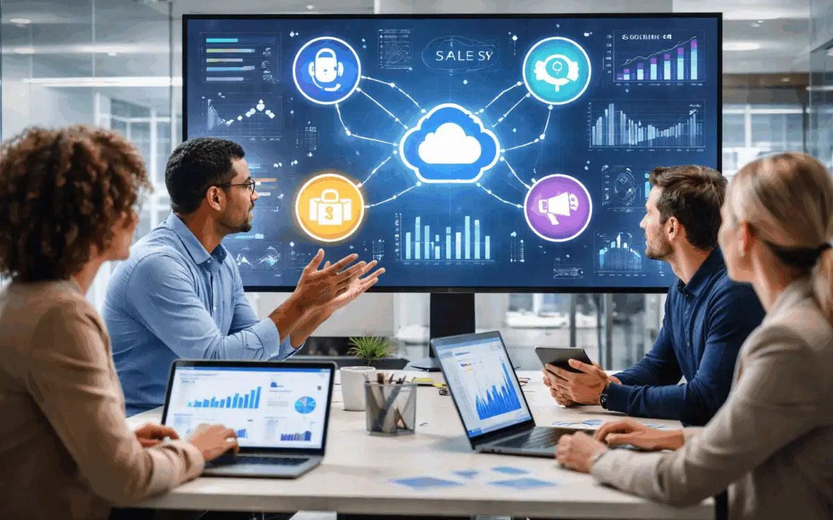Revenue operations professionals reviewing connected sales, service, marketing, and finance data on a shared digital dashboard in a modern office