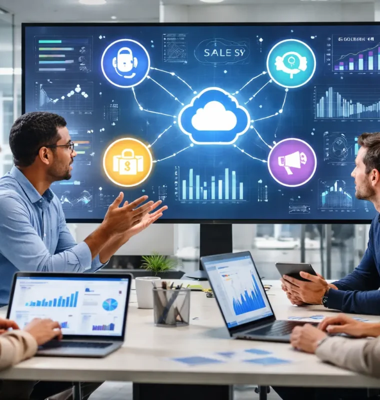 Revenue Operations Teams Aligning Around Unified Customer Data Revenue operations professionals reviewing connected sales, service, marketing, and finance data on a shared digital dashboard in a modern office