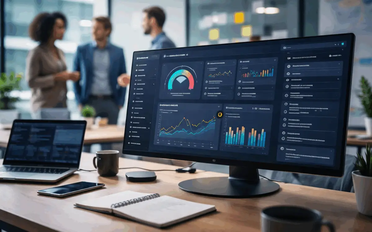 Revenue operations team reviewing customer usage, service activity, and churn risk insights on a shared analytics dashboard in a modern office
