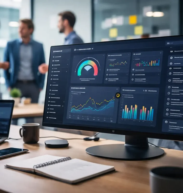 Using Unified Customer Data to Spot Churn Risk Early Revenue operations team reviewing customer usage, service activity, and churn risk insights on a shared analytics dashboard in a modern office