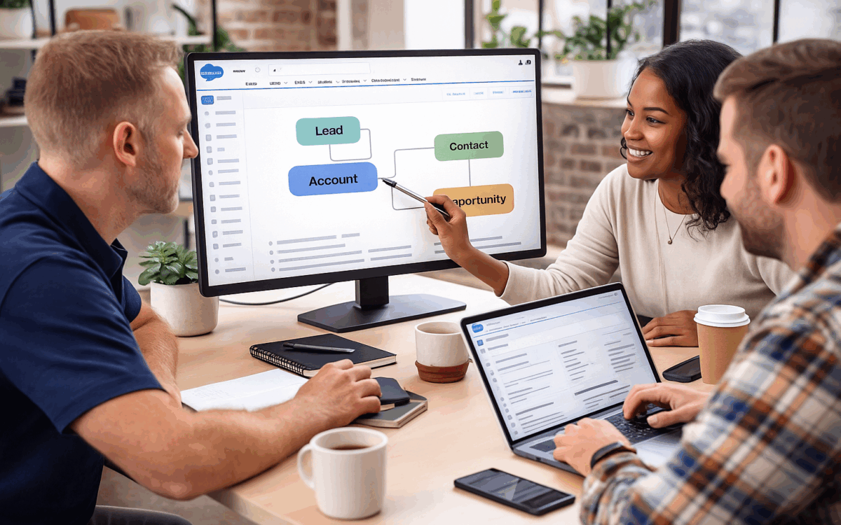 RevOps team collaborating at a conference table while reviewing a Salesforce-style CRM workflow diagram on a large monitor, with laptops open.