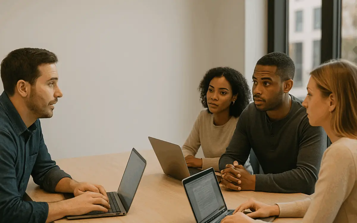 Four colleagues in a modern office meeting, collaborating around a table with laptops open while discussing an AI rollout plan.