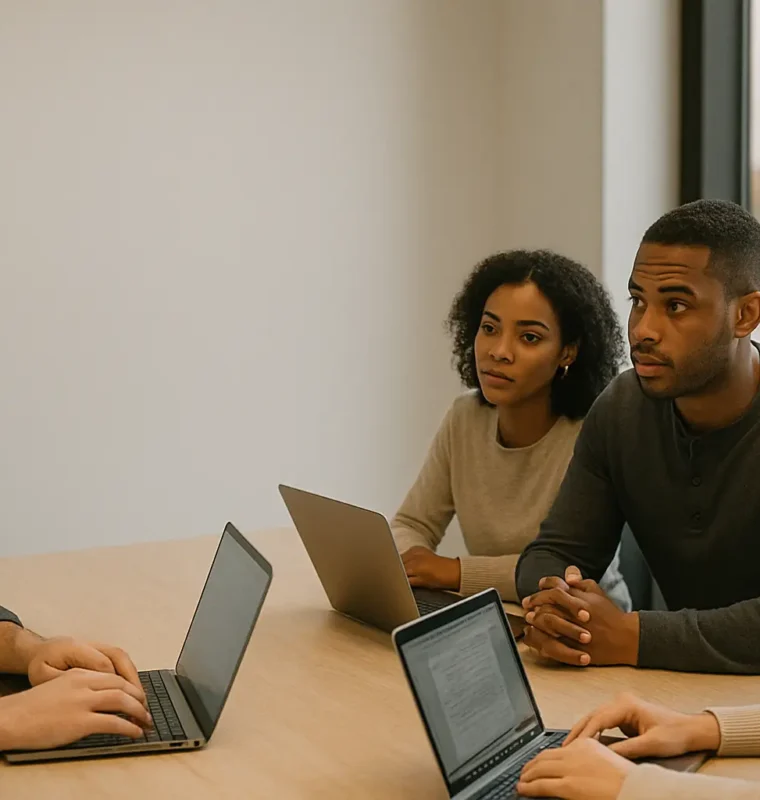 Four colleagues in a modern office meeting, collaborating around a table with laptops open while discussing an AI rollout plan.