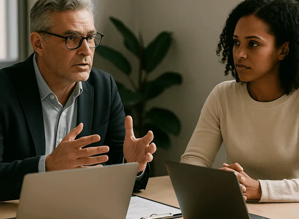Two colleagues in a modern office discuss security and data privacy considerations for an AgentForce rollout, with laptops open on a conference table.