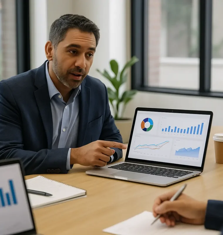 A team reviews performance dashboards on a laptop during a meeting in a bright office, discussing data-driven decisions.