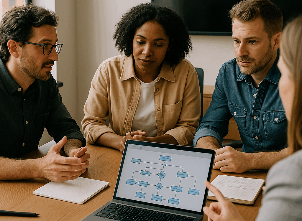 A small team collaborates in a meeting room, reviewing a workflow diagram on a laptop and discussing how to automate a business process.