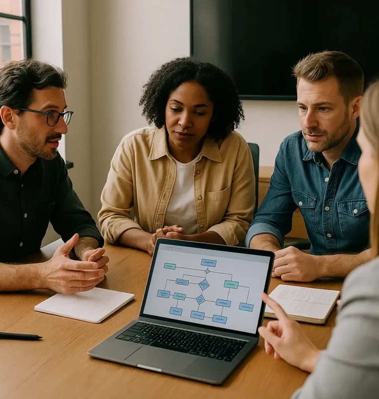 A small team collaborates in a meeting room, reviewing a workflow diagram on a laptop and discussing how to automate a business process.