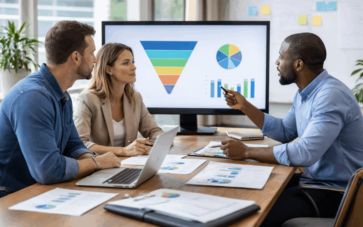 Revenue operations professionals reviewing pipeline and performance data during a strategy discussion