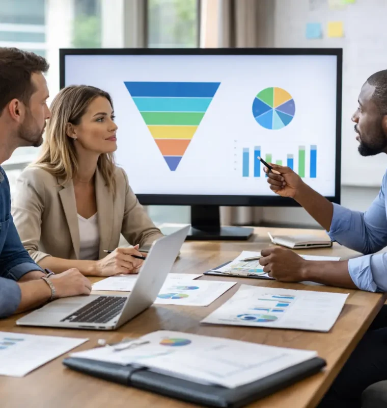 Revenue operations professionals reviewing pipeline and performance data during a strategy discussion