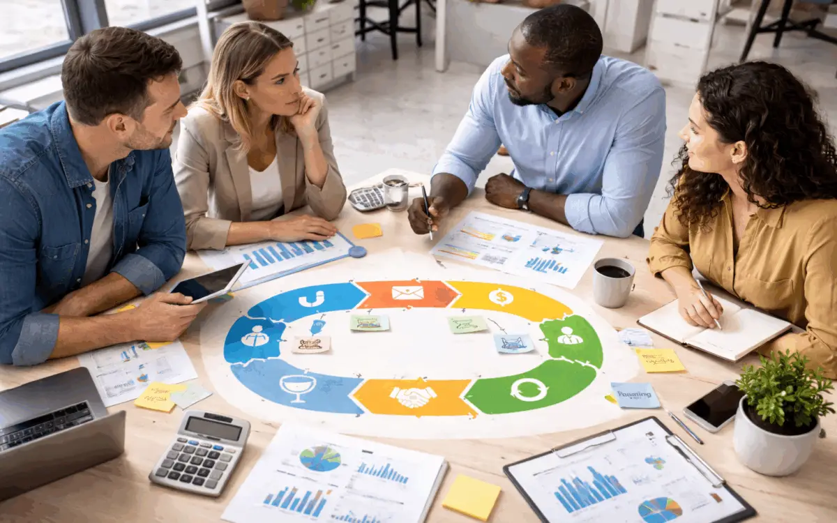 Revenue operations team collaborating on lifecycle planning and performance analysis in a modern office setting