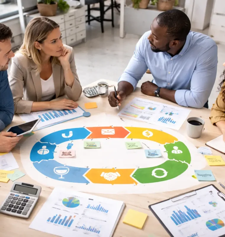 Revenue operations team collaborating on lifecycle planning and performance analysis in a modern office setting