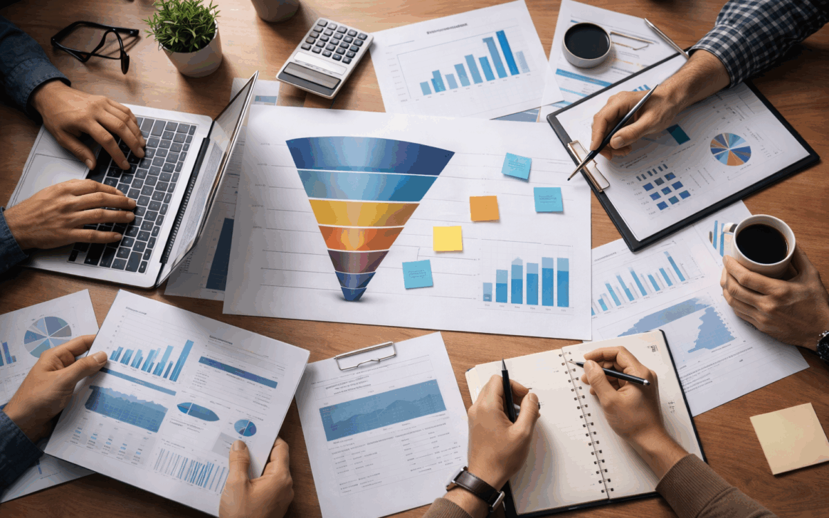 Revenue operations team reviewing pipeline performance and forecasting data during a collaborative working session